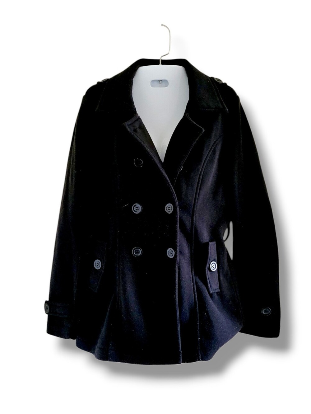 Ambiance | Classic Y2K Black Mid-Length Double-Breasted Fleece Peacoat (SIZE S)